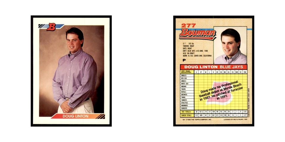 1992 Bowman Doug Linton Baseball Cards #277 - Image 3 of 3