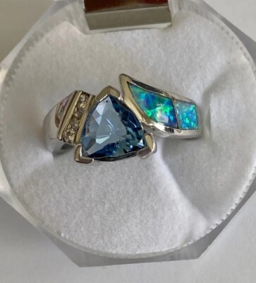 Blue Topaz Trillion Cut & emerald cut opal w/ white CZ accent Sterling Sil Ring