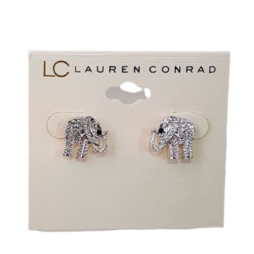 LC LAUREN CONRAD SILVER TONE ELEPHANT STUD EARRINGS NWT  - Picture 1 of 3