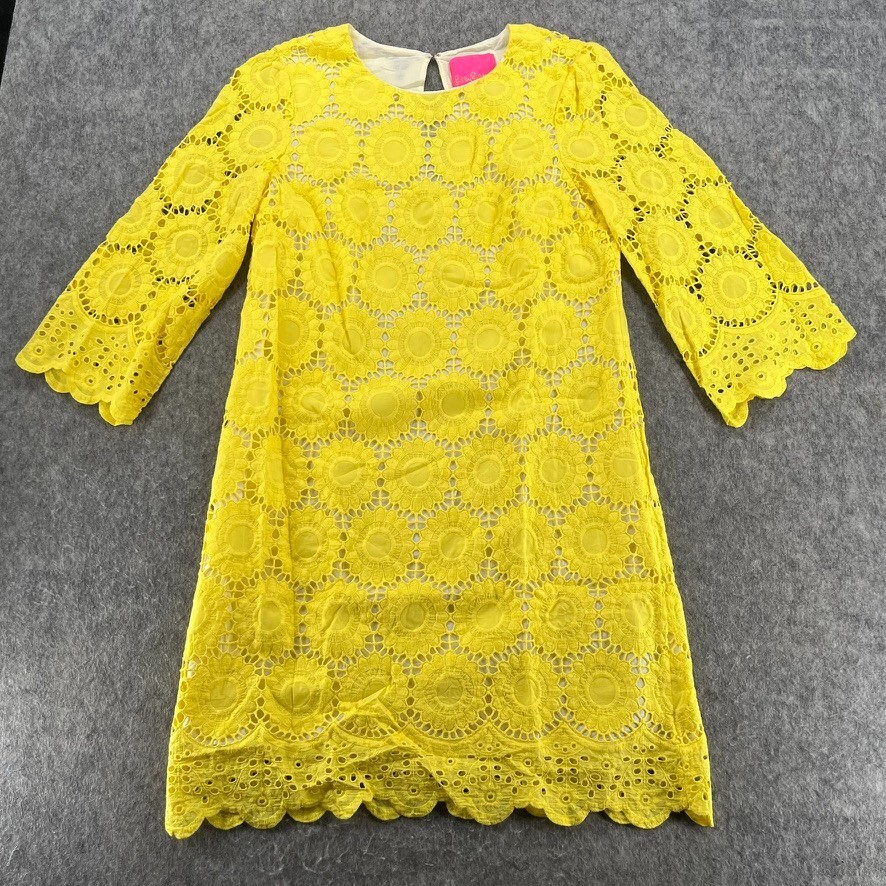 Lilly Pulitzer Mariella Dress Size 2 Lemon Floral Scallop Eyelet Yellow