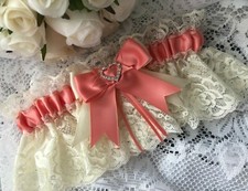 WEDDING GARTER PEACH APRICOT SATIN & IVORY LACE HEARTS bridal shower gifts bride
