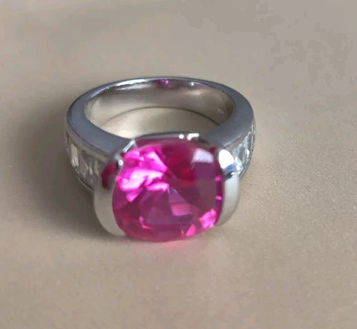 FAC Vintage RING Silver 925 with Big Bright Stone PINK topaz? Sz 7