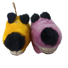 Dan Brechner Grinning Dog Plush Set Of Two  Yellow Purple Vintage Comical Pups