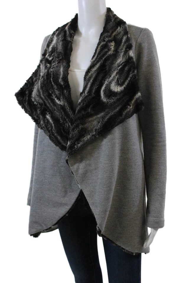 Jaqueta de malha Drew feminina manga longa frente aberta acabamento de pele sintética cinza tamanho XS - Imagem 3 de 4