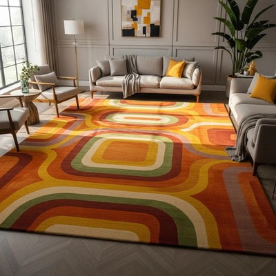 Hand tufted Mid Century Modern Area Rug | 70s Geometric Orange Green Carpet