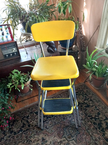 Vintage Cosco MCM  Metal vinyl Two Step Stool Chair Pullout Yellow 34” Nice one