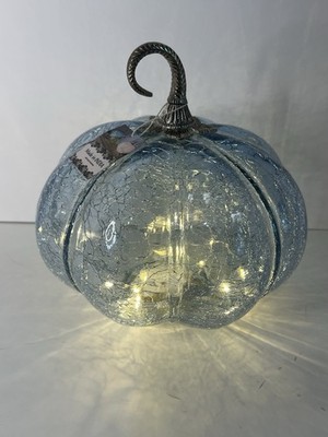 LED Glass Pumpkin Blue Crackle Metal Stem Fall Decor NEW