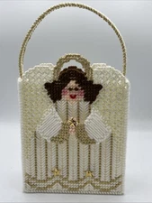 Vintage Handmade Angel Purse Needlepoint Canvas Yarn 3D Mini Tote Bag 6X3x10
