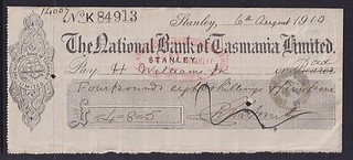 TASMANIA 1910: Embossed 1d Platypus Revenue on National Bank Tasmania Cheque
