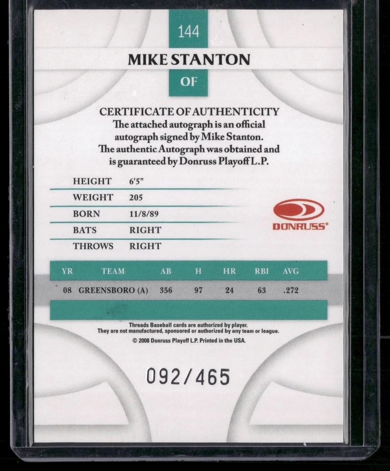 2008 Donruss Threads Rookie /465 Giancarlo Stanton Mike Stanton #144 Auto - Image 2 of 2