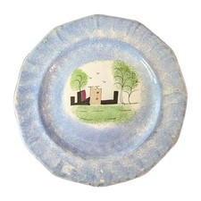 Antique c 1850 Large 10" Blue Spatterware Fort Pattern Plate ~ by Podmore Walker