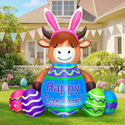 4FT Easter Inflatables Outdoor Decoration Highland Cattle, Blow up Cow Yard Deco