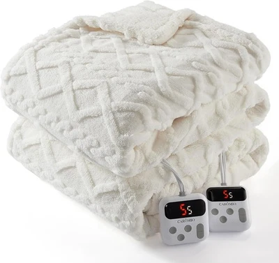 THAOOKTE GARVEE Electric Thick Tufted Sherpa Heated Blanket King Size Dual Control White