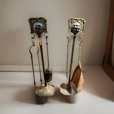 Vintage Brass Fireplace 4 Pc. Tool Set 4 with Stand Round Base Appx 14” Tall