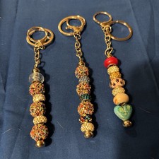 Gold Tone Beaded Keychains Set of 3 with Detachable Keyring, Multicolor