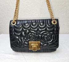 Michael Kors Vivianne Black Floral Quilted Leather Gold Chain Strap Shoulder Bag