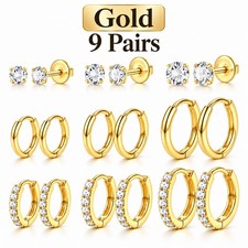 9 Pairs Flat Back Stud Huggie Hoop Earrings Set Multiple Piercings Gold Silver