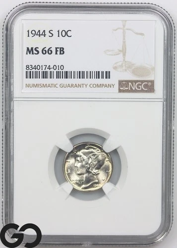1944-S Mercury Dime, Full Split Bands, NGC MS 66 FSB ** Sharp & Lustrous!