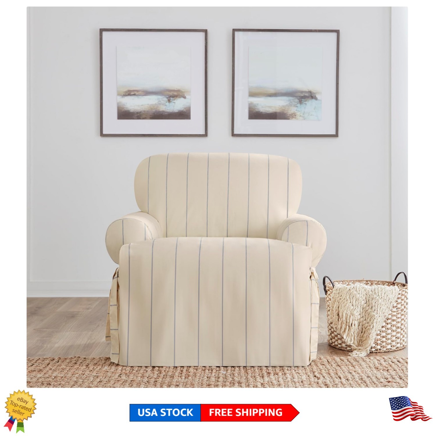 Slipcover - Natural Blue Stripe Style