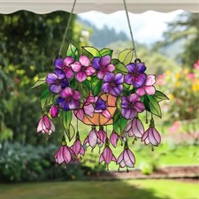 Violet Flowers Faux Stained Glass Suncatcher, Acrylic Window Hanging for Floral