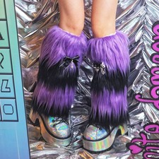 Fur Leg Warmers - Fuzzy Fluffies - Black / Purple - Striped 15 in