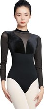 Women's Turtleneck Ballet Leotard With Mesh Long Sleeve, X-Large, Black
