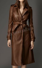 New Women Brown Genuine Real Leather Trench Coat