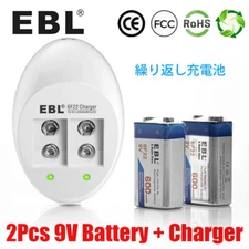 2x 9V Block Rechargeable Batteries 6F22 EN22 9 Volt Charger for Smoke Detector