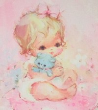 Vintage baby greeting card, little girl holding teddy bear, 7 1/2" used