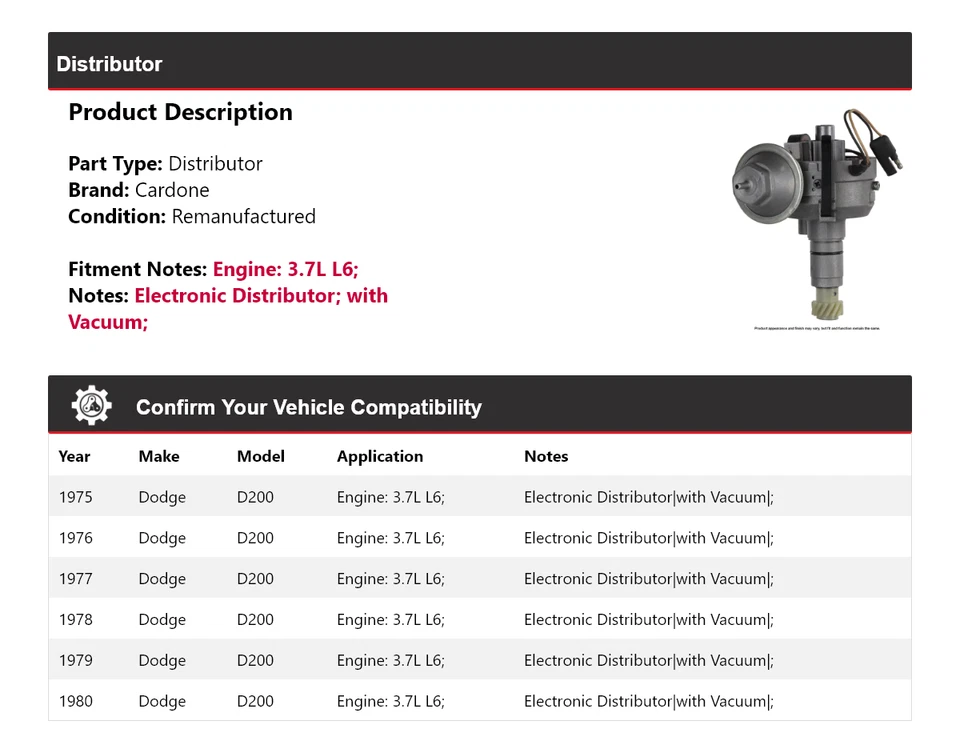 Para Dodge D200 1975-1980 3,7 L L6 Distribuidor Cardone 1976 1977 1978 1979 Foto 2 de 4