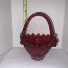 FENTON RUBY RED HOBNAIL BASKET - STRETCHED BLOWN GLASS 7.5” TALL - BEAUTIFUL