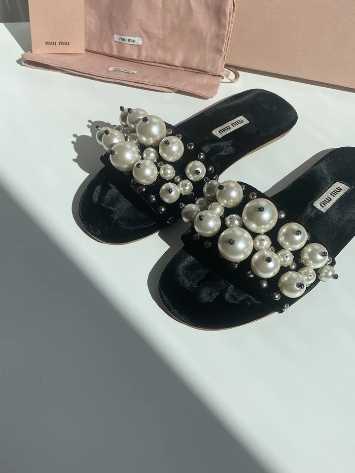 Miu Miu Velvet Slide Flats Embellished Pearly Women US6.5 - Image 3 of 4
