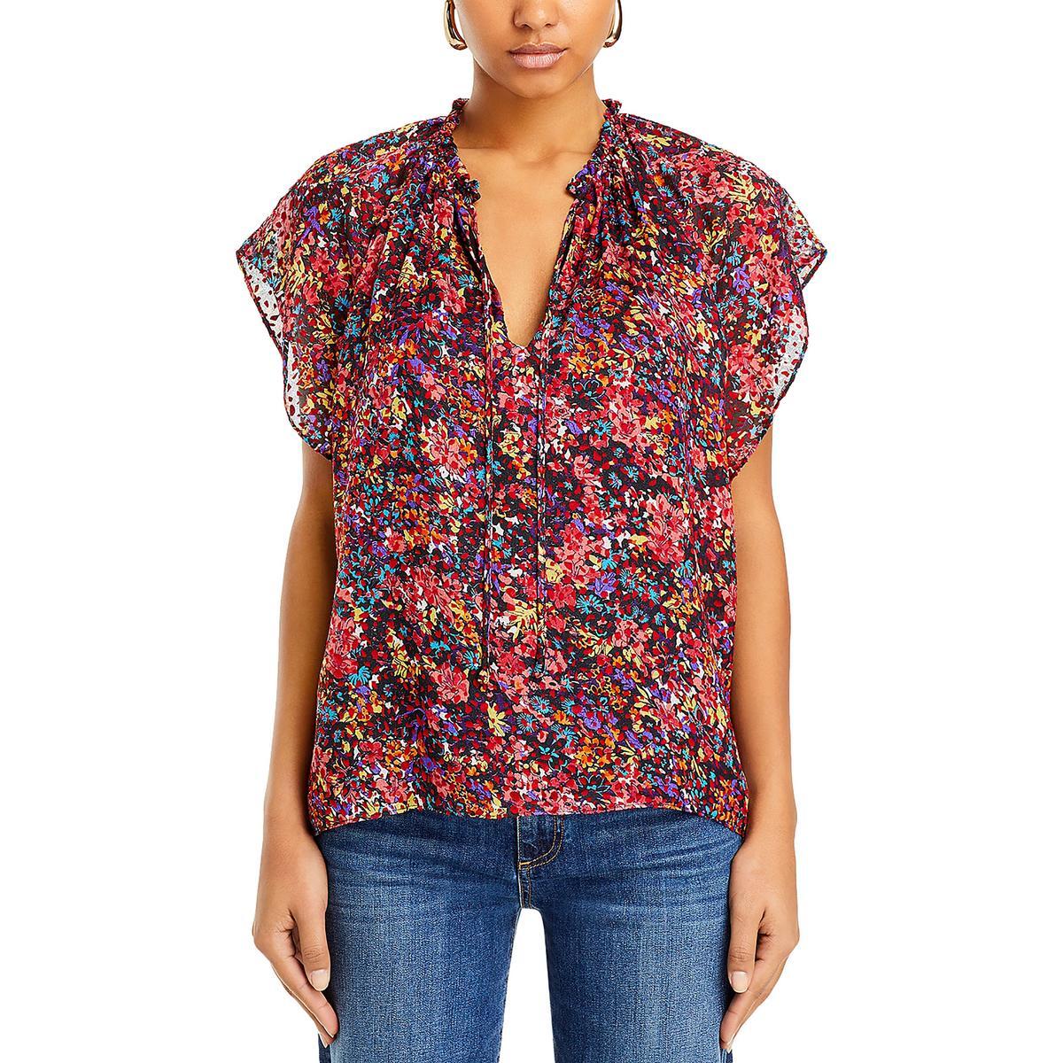 Женская красная блузка с V-образным вырезом и оборками с цветочным принтом Ramy Brook, топ S BHFO 5742