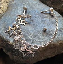 Triple Star Steel Chain Linked Stars Tragus Ring with Cartilage Helix Barbell