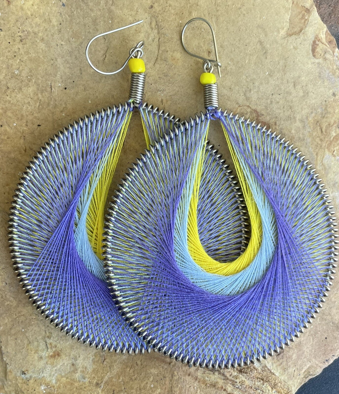 Vibrant Peruvian Alpaca Silver Round Earrings in Silk Thread Yellow Purple Handmade