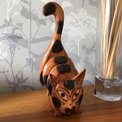 Wooden Cat 30cm Bali Indonesia Tabby Carved Letter Tidy New old stock 1997