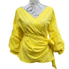 Anthropologie -333 Pleione All Around Wrap Blouse Yellow Balloon Sleeve Cotton M