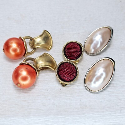 3 PR Bernard Clip Earrings LG Oval Faux Mabe Pearl Carved Cinnabar Orange Pearls