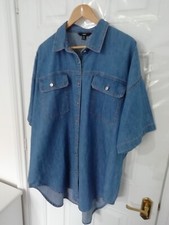 Next Mens XL Blue Denim Over Sized Button Up Shirt Short Sleeves Pockets Boxy