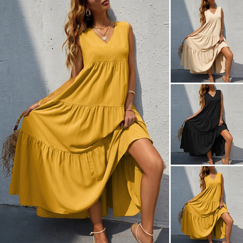 Women V Neck Holiday Sleeveless Maxi Dress Ladies Solid Baggy Casual Swing Dress Women V Neck Holiday Sleeveless Maxi Dress Ladies Solid Baggy Casual Swing Dress