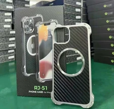 R-JUST Canbon fiber Metal Shockproof case For iPhone 16 15 14 13 12 Pro max Plus