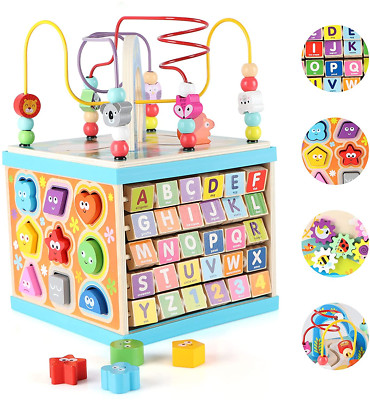 Wooden Activity Cube for Toddlers 1-3 (Large), 5 in 1 Multipurpose 