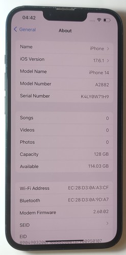 Apple iPhone 14 A2882 Blue 128GB 87% Unlocked (Working Well) #28B - Afbeelding 7 van 7