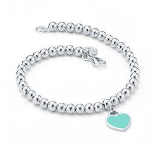 Tiffany & Co Sterling Silver Blue Enamel Heart Tag Pendant Bracelet 17CM