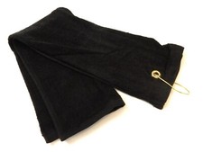 Tri-Fold Golf Towel,  Black Cotton Terry Cloth, 24x16, Brass Grommet & Bag Clip