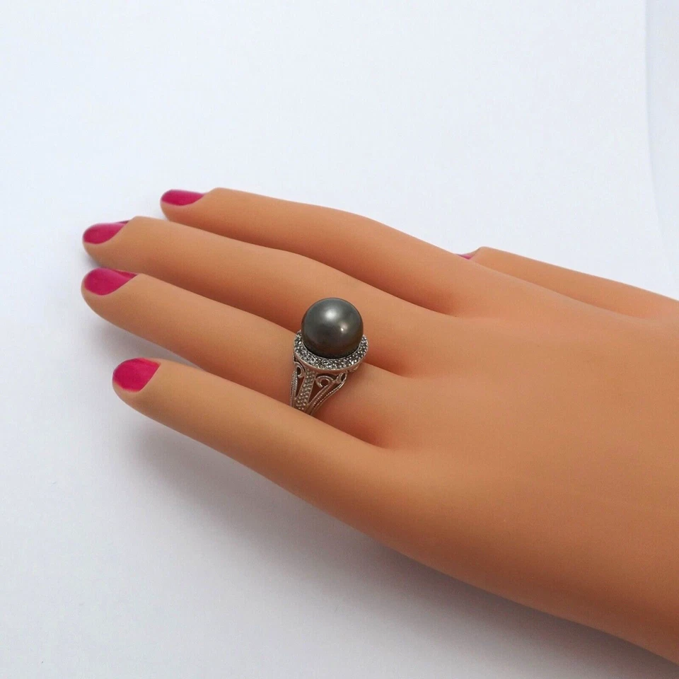 Anillo de plata de ley con halo de perlas de Tahití genuinas de 11 mm talla 7 piedras transparentes sintéticas Foto 4 de 4