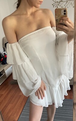 Schulterfrei Kleid Na-Kd Gr. 36 S weiss Coachella Festival mit Ärmel blogger