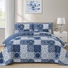 Boho Quilt Set Size Plaid Patchwork Bedspread Coverlet Set, 3 King Navy Blue