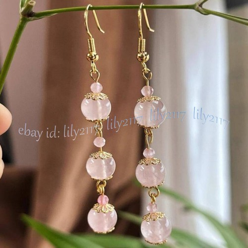 10mm Natural Pink Rose Quartz Round Gemstone Beads Dangle Gold Hook Earrings - Picture 3 of 7