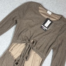 LE LIS Ribbed Knit Cutout Dress Womens Long Sleeve Front Tie Brown Mini Sz S NWT